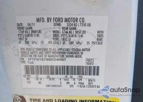 2011 Ford F-150 Xlt из США, поврежденный, VIN 1FTFW1EF8BKD49507